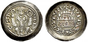 Trieste. Volrico de Portis, 1233-1254. Denaro, AR 1,15 g. VOLRI – CVS Il vescovo mitrato, seduto di fronte, tiene nella d. il pastorale e, nella s. so...