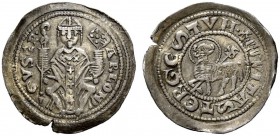Trieste. Arlongo de’Visgoni, 1260-1282. Denaro, AR 1,20 g. ARLON – GVS EP Il vescovo mitrato, seduto di fronte, tiene nella d. il pastorale e, nella s...