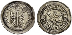 Trieste. Denaro, AR 1,02 g. ARLON – GVS EP Il vescovo mitrato, seduto di fronte, tiene nella d. il pastorale e, nella s. sollevata, un libro chiuso. R...