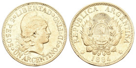 Argentinien 1884 Republik 5 Pesos . 8.06 g. Fr. 14. Gold bis vorzüglich