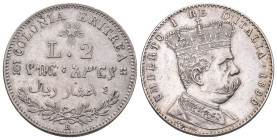 Eritrea 1890 R Umberto I. 1878-1900. 2 Lire Silber , Roma. 9.98 g. Mont. 82. Pagani 632. Vorzüglich / Extremely fine.