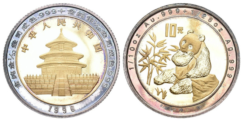 China 1996 Volksrepublik seit 1949. 10 Yuan BI-Metall GOLD/Silber Panda beim Ver...