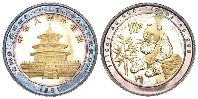 China 1996 Volksrepublik seit 1949. 10 Yuan BI-Metall GOLD/Silber Panda beim Ver...