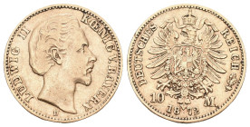 Bayern 1872 D Ludwig II., 1864-1886. 10 Mark , München. Kopf nach rechts, darunter Münzzeichen D / Kleiner Reichsadler. J. 193. 3,95 g. sehr schön