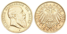 Baden 1905 Friedrich I., 1852-1907. J. 190, EPA 10/5 10 Mark vorzüglich