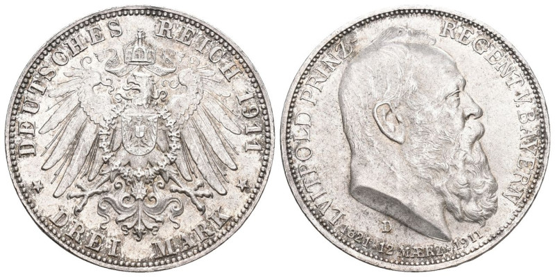Bayern 1911 D Luitpold 1886-1912 3 Mark 90. Geburtstag Jaeger 49 Prachtvolles Ex...