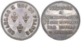 Frankreich o. J. (1824), Charles X 1824-1830. Silberne Probemünze für 5 Francs (Module de 5 Francs) von Moreau. Essai. Mit Randschrift (erhaben): ESSA...