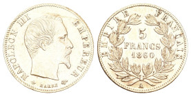Frankreich 1860 A 2. Kaiserreich Napoleon III., 1852-1870 5 Francs 1860 A, Paris. F. 578 a, Gadoury 1001, S. 311 bis unzirkuliert