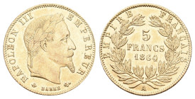 Frankreich 1864 A, III, 1852-1870. 5 Francs Paris. 1,45 g Feingold. Fb. 588, Gadoury 1002, Mazard 1477, Schl. 387. GOLD vorzüglich