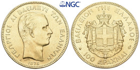 Griechenland 1876 A Georg I., 1863-1913. 100 Drachmai , Paris. Kopf rechts // Wappen auf gekröntem Wappen­mantel. Divo 44; Fr. 13; Karamitsos 166. 32,...