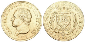 Sardinien 1824 80 Lire Gold 25,8g Pag. 23, Gig. 1. aus Fassung minimal berieben, sehr schön