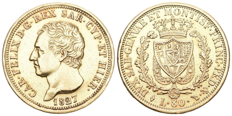 Sardinien 1827 Karl Felix, 1821-1831. 80 Lire Genua. 23,23 g Feingold. Fb. 1133,...