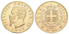 Italien 1868 R 1846-1878 20 Lire . 6,45 g.Friedberg 280. Krause/Mishler 1382.4. vorzüglich