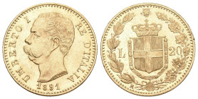 Italien 1891 R Königreich. Umberto I. 1878-1900. 20 Lire , Roma. 6.44 g. Mont. 26. Pagani 586. Fr. 21 fast unzirkuliert