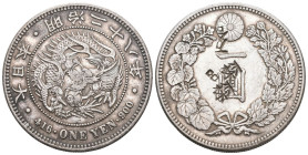 Japan 1895 Jahr 28 1 Yen Silber 27g selten mit Punzierung fast vorzüglich