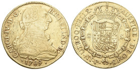 Kolumbien 1789 SF, Carlos IV. 1788-1808. 8 Escudos Popayan. Assayer: Stanislao Delgado und Francisco Ferdinand de las Cojigas. Brustbild von Carlos II...