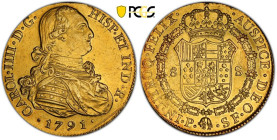 Kolumbien 1791 SF, Carlos IV. 1788-1808. 8 Escudos Popayan. Assayer: Stanislao Delgado und Francisco Ferdinand de las Cojigas. Brustbild von Carlos II...