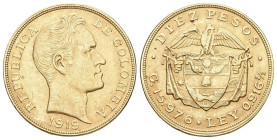 Kolumbien 1919. Republik ab 1886. 10 Pesos 14,65 g Feingold. Fb. 112. Vorzüglich