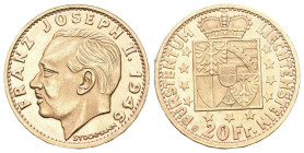 Liechtenstein 1946, Franz Joseph II., 1938-1989. 20 Franken Bern. 5,81 g Feingold. Divo 129, Fb. 17, Schl. 7. Stempelglanz.