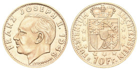 Liechtenstein 1946, Franz Joseph II., 1938-1989. 10 Franken Bern. 2,90 g Feingold. Divo 130, Fb. 18, Schl. 8. Vorzüglich-Stempelglanz.