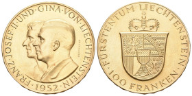 Liechtenstein 1952 Franz Joseph II., 1938-1989. 100 Franken , Bern. Fürstenpaar. 29,03 g Feingold. Divo 131, Fb. 19, Schl. 9. Fast Stempelglanz.