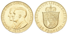 Liechtenstein 1956, Franz Joseph II., 1938-1989. 25 Franken Bern. Fürstenpaar. 5,08 g Feingold. Divo 135, Fb. 21, Schl. 11. bis unzirkuliert