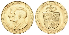 Liechtenstein 1956, Franz Joseph II., 1938-1989. 25 Franken Bern. Fürstenpaar. 5,08 g Feingold. Divo 135, Fb. 21, Schl. 11. bis unzirkuliert