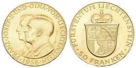 Liechtenstein 1956, Franz Joseph II., 1938-1989. 50 Franken Bern. Fürstenpaar. 10,16 g Feingold. Divo 133, Fb. 20, Schl. 10. bis unzirkuliert