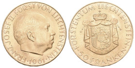 Liechtenstein 1961 Franz Joseph II., 1938-1989. 50 Franken , Bern. 100. Jahrestag der Liechtensteinischen Landesbank. 10,16 g Feingold. Divo 137, Fb. ...
