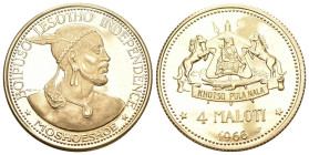 Lesotho 1966 Moshoeshoe II. 1966-1990. 4 Maloti .Gold 15.97g Auf die Unabhängigkeit. Fr. 1. KM 7. fast Proof
