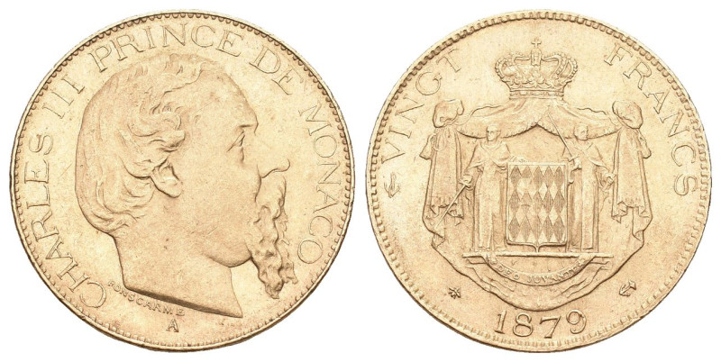 Monaco 1879 A, Charles III. 1856-1889. 20 Francs Paris. 6.43 g. Gadoury 104. Fr....