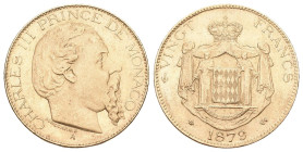 Monaco 1879 A, Charles III. 1856-1889. 20 Francs Paris. 6.43 g. Gadoury 104. Fr. 12 vorzüglich