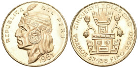 Peru 1967 Republik, seit 1821, 100 Soles . Indian Chief. 33,49g. Frbg.77, GOLD fast FDC