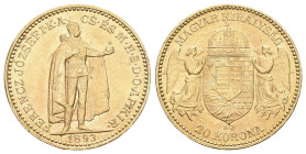 Ungarn 1893 KB Franz Joseph I., 1848-1916, 20 Kronen Kremnitz. 6,78g. KM 486 fast unzirkuliert