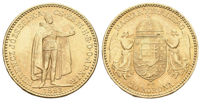 Ungarn 1893 KB, Franz Joseph I., 1848-1916, 8 Forint (20 Francs) Kremnitz. 6,78g...