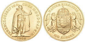 Ungarn 1908. NP Franz Joseph I, 1848-1916. 100 Korona . Restrike. 33,90 g. Fr. 249 R FDC