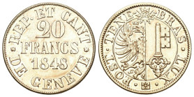 Schweiz | Switzerland | Suisse | Svizzera Genf / Genève Kanton 20 Francs 1848. 7.60 g. D.T. 277. HMZ 2-361a. Fr. 263. vorzüglich +