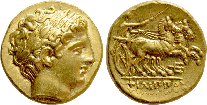 KINGS OF MACEDON. Philip II (359-336 BC). GOLD Stater. Amphipolis. 

Obv: Laur...