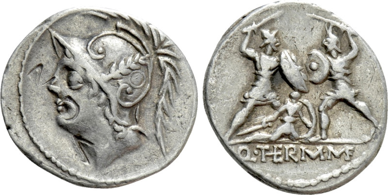 Q. THERMUS M. F. Denarius (103 BC). Rome. 

Obv: Head of Mars left, wearing cr...