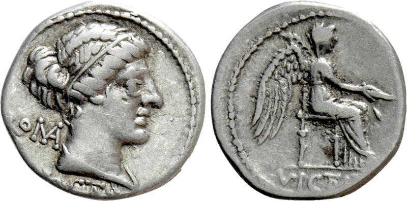 M. CATO. Denarius (89 BC). Rome. 

Obv: ROMA / M CATO. 
Diademed and draped f...