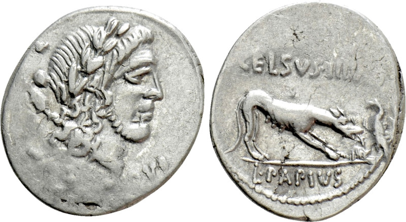L. PAPIUS CELSUS. Denarius (45 BC). Rome. 

Obv: TRIVMPVS. 
Laureate head of ...