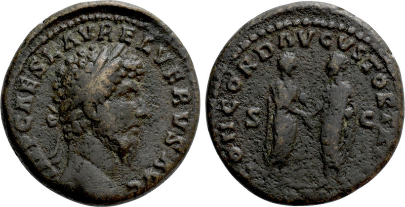 LUCIUS VERUS (161-169). As. Rome. 

Obv: IMP CAES M AVREL VERVS AVG. 
Laureat...