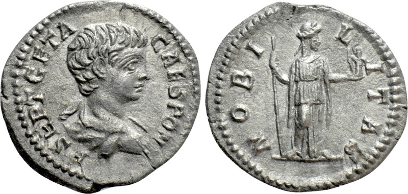 GETA (Caesar, 198-209). Denarius. Rome. 

Obv: P SEPT GETA CAES PONT. 
Barehe...