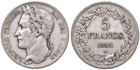 BELGIO. Leopoldo I (1831-1865). 5 Franchi 1834. AG (g 24,76). KM 3.
qBB/BB
