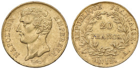 FRANCIA. Napoleone I (1804-1815). 20 Franchi An. 12 A (Parigi). AU (g 6,44). Gad.1021. Colpetti al bordo.
BB+
