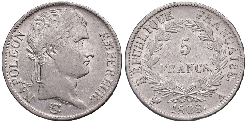 FRANCIA. Napoleone I (1804-1815). 5 Franchi 1808 A (Parigi). AG (g 24,91). Gad.5...