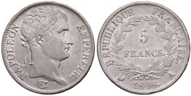 FRANCIA. Napoleone I (1804-1815). 5 Franchi 1808 A (Parigi). AG (g 24,91). Gad.583. Bella conservazione per la tipologia.
SPL