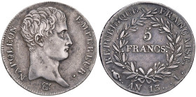 FRANCIA. Napoleone I (1804-1815). 5 Franchi An. 13 I (Limoges). AG (g 24,93). KM 662.7.
BB+