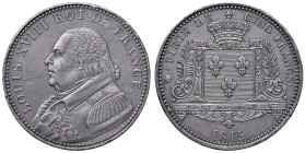 FRANCIA. Luigi XVIII (1814-1824). PROVA (Essai) in stagno o metallo bianco del 5 franchi 1815 A (Parigi) Jacques. MB (g 25,93 - 37 mm). Lievi segni ai...