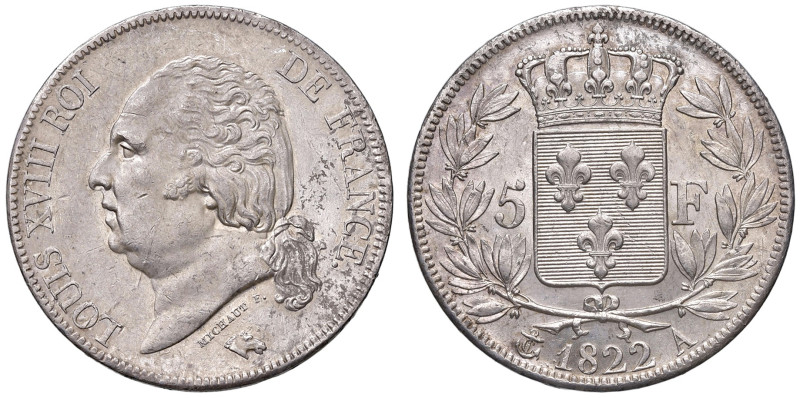 FRANCIA. Luigi XVIII (1814-1824). 5 Franchi 1822 A (Parigi). AG (g 24,74). Gad.6...